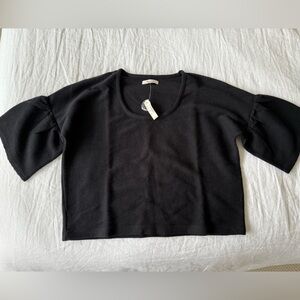 New Madewell Black Ruffle Texture & Thread Gathered-Sleeve Top Size XS